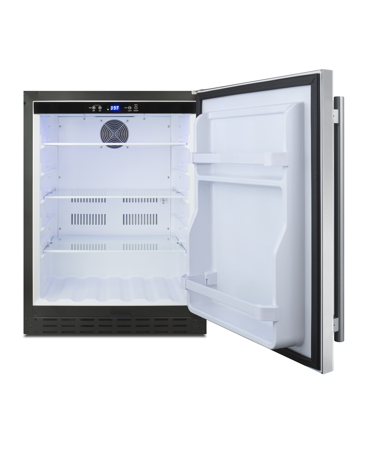 Built-in undercounter ADA compliant all-refrigerator with stainless steel door and cabinet, door storage, lock, and digital controls